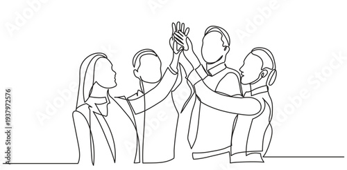 One line drawing of a business team high-fiving, symbolizing teamwork, unity, and success. continuous line businessmen and businesswomen celebrating their successive goals vector illustration