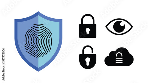 Cyber security shield with fingerprint biometric authentication data protection privacy lock cloud security digital identity verification and cybersecurity technology concept