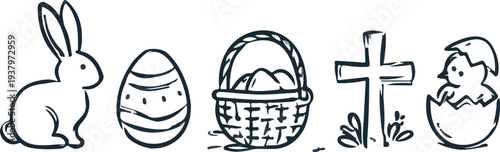 Hand drawn vector illustration of a snake tattoo with colorful easter eggs in a basket spring holiday decoration isolated on white background