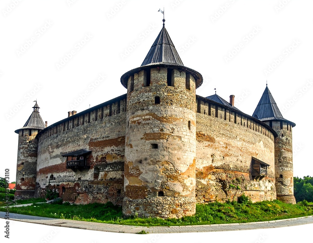 Fototapeta premium Stone medieval castle with rounded turrets, textured walls, and a white background sits amidst green grass and rock