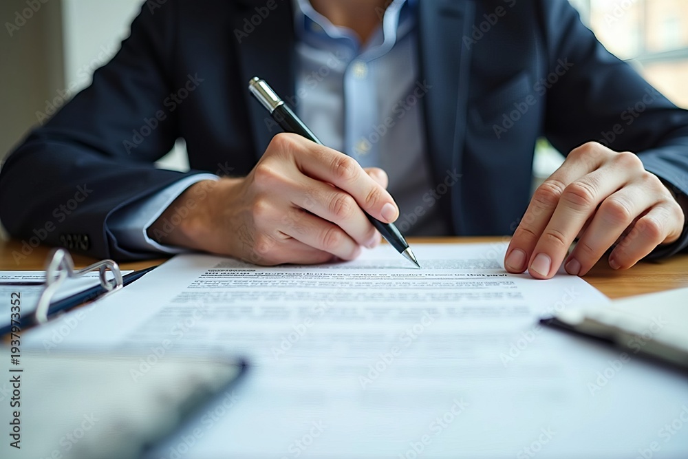 Naklejka premium Legal Broker Examining Contract Documents at Desk with Close-Up Shot