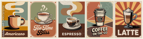 Set of five vintage-style posters showcasing Americano, Tea, Espresso, Coffee-to-Go, and Latte, with stylized art deco design and muted, retro color palettes.