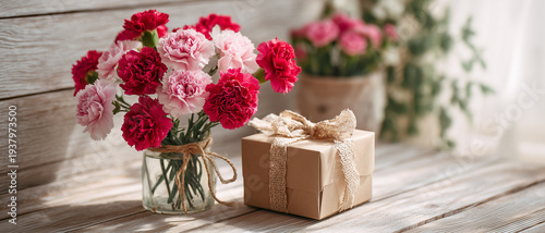 ナチュラルなカーネーションと感謝のギフト｜母の日イメージ