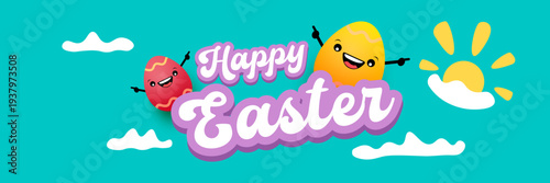 Happy Easter horizontal banner with cute smiling egg character. Funny easter cartoon illustration with sun and clouds on blue sky background for kids holiday celebration. Vector graphic art.