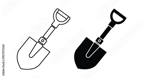 Two shovels, one outlined and one filled with solid black, against a white background in a simple graphic style.