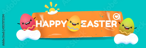 Happy Easter horizontal banner with cute smiling egg character. Funny easter cartoon illustration with sun and clouds on blue sky background for kids holiday celebration. Vector graphic art.