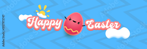Happy Easter horizontal banner with cute smiling egg character. Funny easter cartoon illustration with sun and clouds on blue sky background for kids holiday celebration. Vector graphic art.