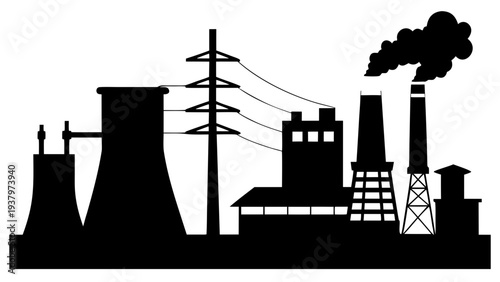 industrial power plant silhouette with cooling towers emitting smoke, factory building
