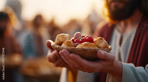 Holy figure blessing five loaves and two fish during gathering at sunset, biblical miracle moment, feeding multitude scene, divine provision display, faceless blessing gesture, def