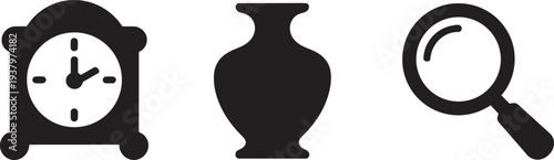 Collection of icons featuring alarm clock vase and magnifying glass.