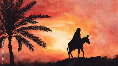 A silhouette of a person riding a donkey under a vibrant orange and yellow sunset with a palm tree