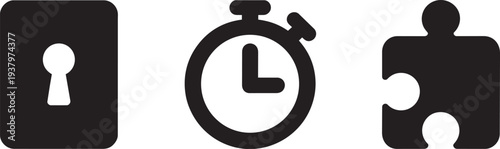 Keyhole, stopwatch, and puzzle piece icons set for security, time, and problem solving