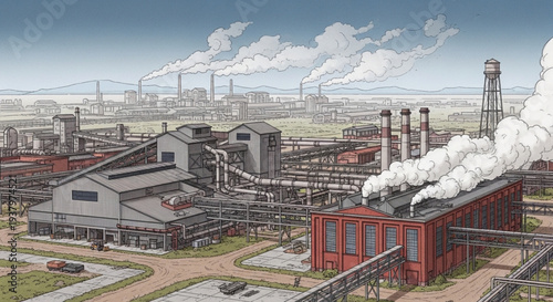Industrial factory complex with smoking chimneys and pipelines.