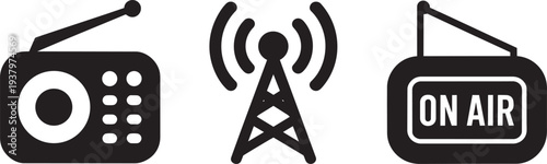 Radio broadcasting icons broadcast symbol and on air sign with antenna and vintage radio