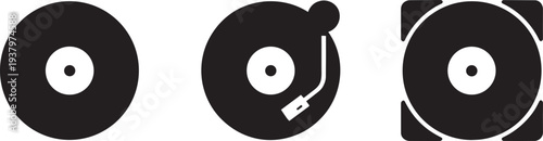 Set of black icons representing vinyl records and turntable for music playback.