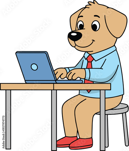 Cute cartoon dog working on laptop at desk representing office work, remote job, freelance business, productivity mascot illustration