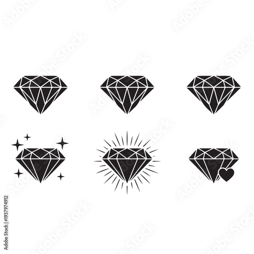 Set of Diamond Gemstone Icons with Sparkles and Heart Symbol