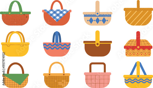Picnic Basket Icon Set with Woven Food Baskets, Handbags and Outdoor Storage Containers for Picnic, Market and Camping Vector Collection