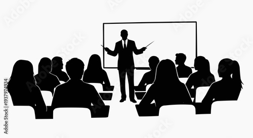 Business presentation training session with male trainer and audience silhouettes on white background