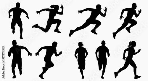 Set of various silhouette runners in different poses and motion on white background. on white background