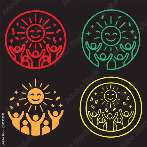 Community and positivity logo set. Colorful vector badges of a happy group of people celebrating under a smiling sun.