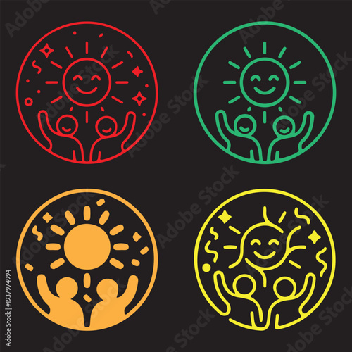 Set of four colorful neon line art icons featuring happy people raising hands to a smiling sun.