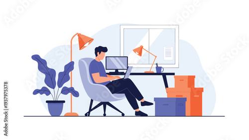 Focused man comfortably working on his laptop in a cozy home office, surrounded by plants and storage boxes, symbolizing remote work and a productive workspace.