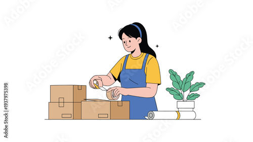 Efficient woman diligently packing cardboard boxes with tape, symbolizing home moving, shipping, packaging, and organized preparation for transport or delivery.
