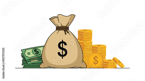Abundant money bag with a dollar sign, surrounded by neat stacks of banknotes and shining coins, symbolizing wealth, financial success, and prosperous investments.