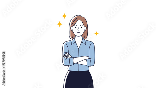 Confident young businesswoman with her arms crossed, exuding success and self-assurance, highlighted by sparkling effects, symbolizing strong leadership and achievement.