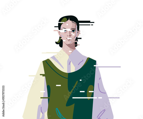 Damaged image of a female student with glitch effect symbolizing the merging of the digital and real worlds. Concept of virtual identity and modern digital life.