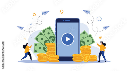 Dynamic illustration of mobile monetization and video marketing, with people interacting around a smartphone, surrounded by money and paper airplanes, symbolizing digital revenue.