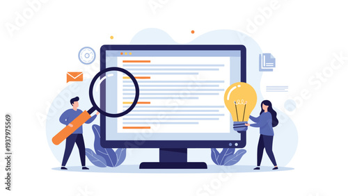 Collaborative team analyzing information on a large computer screen with a magnifying glass and lightbulb, symbolizing research, innovation, and problem-solving.