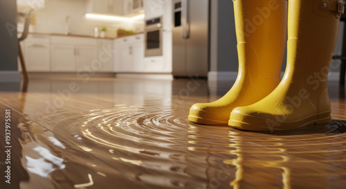 Yellow Rubber Boots Standing on a Flooded Wooden Kitchen Floor, Reflections Glistening in the Water