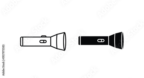 Line art illustration of two flashlights in black and white on a plain background.