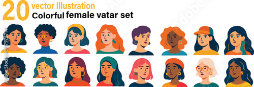Colorful female avatars bundle. Diverse portraits set. Modern flat vector faces. Happy smiling women profiles in creative style. Editable illustration isolated on white background.