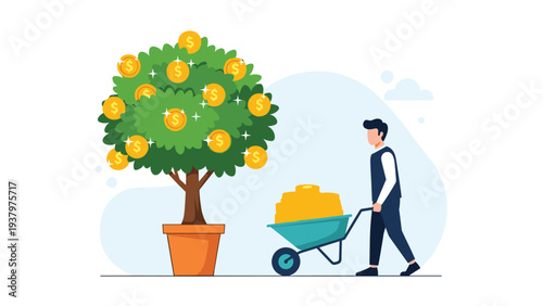 Diligent man harvesting gold coins from a flourishing money tree with a wheelbarrow, symbolizing financial growth, wealth accumulation, and smart long-term investments.