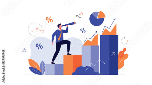 Visionary businessman looking through a telescope, standing on a rising bar chart, surrounded by percentage signs, symbolizing future business growth and strategic foresight.