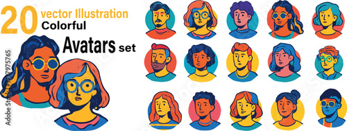 Colorful avatars collection. Diverse faces set. Modern flat vector portraits. Creative smiling people profiles in bold style. Editable illustration isolated on white background