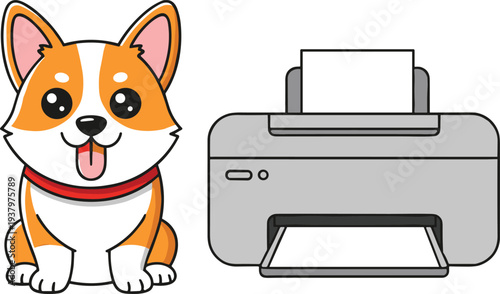 Cute cartoon dog sitting beside office printer illustration representing printing service, home office workspace, technology equipment and friendly pet character