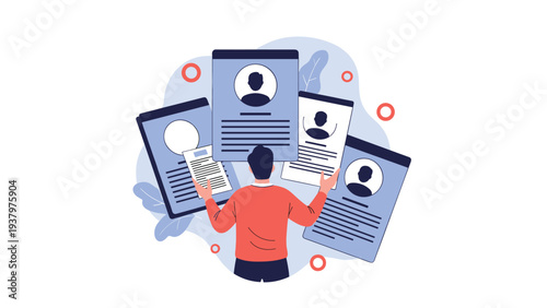Diligent man evaluating multiple personal profile or resume documents, symbolizing recruitment, job searching, candidate selection, and human resource management.