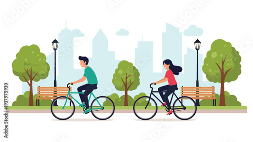 Cheerful couple enjoying a leisurely bicycle ride in a scenic park with a vibrant cityscape background, symbolizing outdoor activity, healthy lifestyle, and urban recreation.