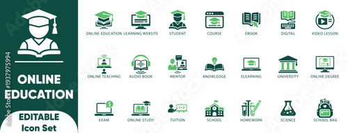Online Education Solid Icon Set. online courses, e-books, online learning platforms, institutions, cognition, degree, exam, and online education.