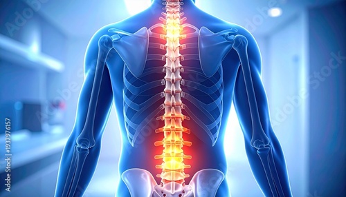 A digital medical illustration of human back, glowing spine in red and orange hues, translucent body in blue, symbolizing spinal pain, anatomy, and healthcare focus.
