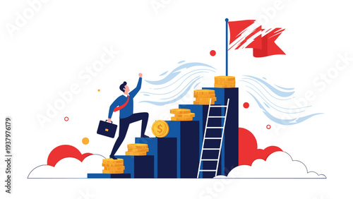 Ambitious businessman successfully climbing a staircase made of gold coins towards a red flag, symbolizing financial success and career growth.