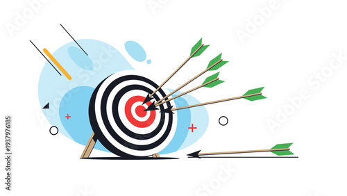 Archery target with multiple arrows hitting the red bullseye, while one arrow missed, illustrating goal achievement and strategic success.