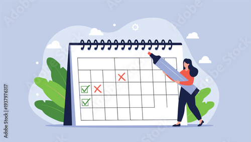 Woman holding a giant marker, actively managing tasks and deadlines by marking dates with checkmarks and crosses on a large calendar.