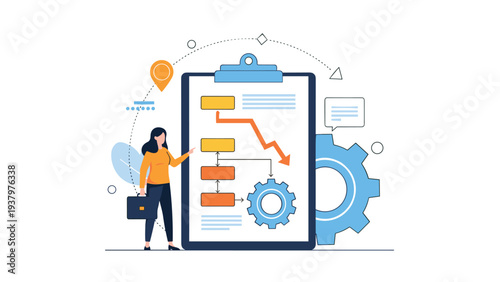 Woman pointing at a detailed flowchart on a clipboard next to a gear icon, illustrating strategic process management and operational efficiency.