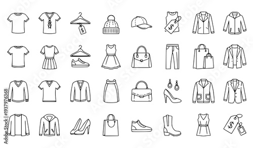 Fashion Apparel, Clothes, and Retail Garment Icon Set Vector Collection with T-shirts, Dresses, and Accessories
