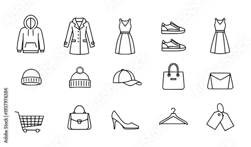 Minimalist Fashion Apparel and Retail Garment Icon Set Vector Pack with Clothes and Accessories